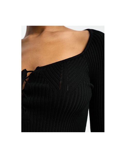Miss Selfridge Black Lace Up Detail Sweetheart Neck Flare Sleeve Knit Rib Top