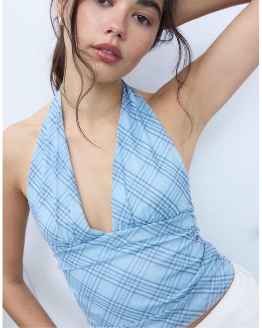 Stradivarius Blue Printed Red Halter Top