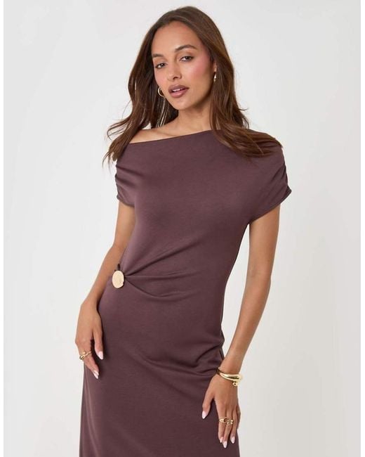Threadbare Purple Off Shoulder Draped Jersey Maxi Dress