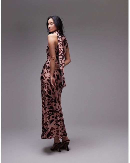TOPSHOP Brown – ärmelloses satin-kleid mit blumenmuster, schleife am ausschnitt und schrägschnitt