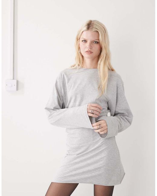 Weekday Gray Cinch Waist Long Sleeve Mini Dress