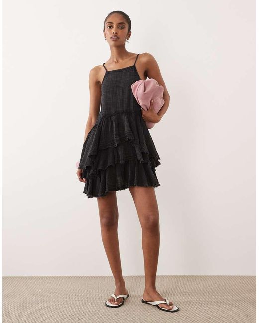 ASOS Black Double Cloth Washed Mini Sundress With Distressed Ruffles