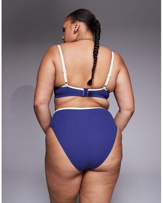 ASOS Blue Asos Design Curve Ronnie Ribbed Contrast Binding Azores High Leg High Waist Bikini Bottom