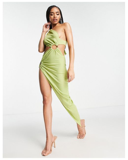 SIMMI Green Simmi One Shoulder Ring Detail Asymmetric Thigh Split Maxi Dress