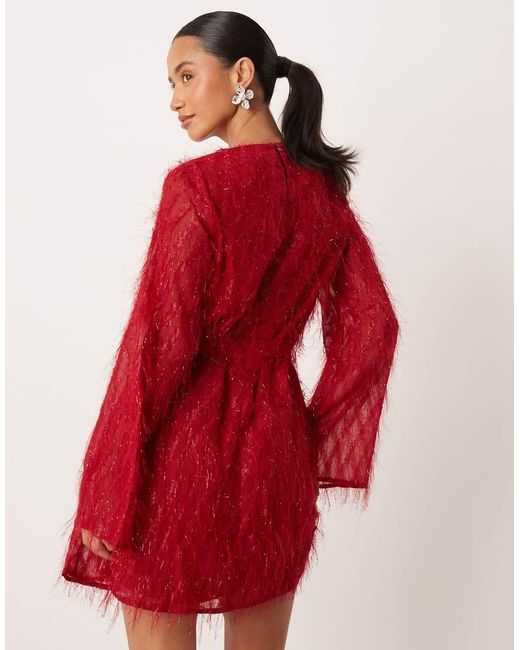 Vila Red Fluffy Textu Tie Waist Mini Dress