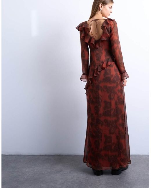TOPSHOP Brown Long Sleeve Ruffle Maxi Dress