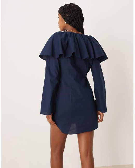 ASOS Blue Poplin Button Down Mini Dress With Ruffle Neckline