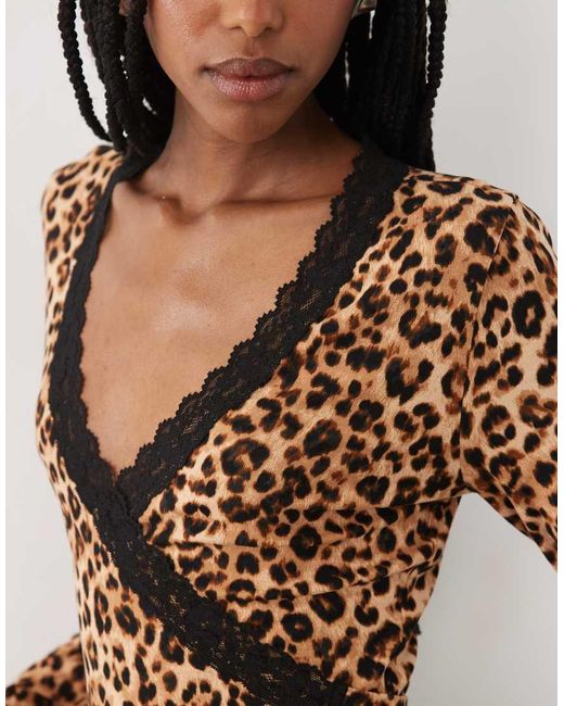 Miss Selfridge Brown Lace Trim Wrap Top