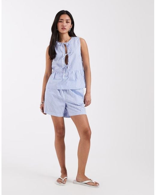Pieces Blue Tie Front Peplum Hem Top Co-Ord