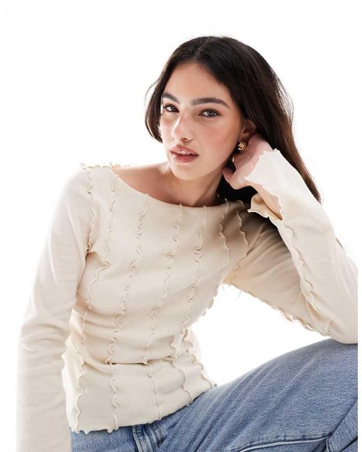 Monki Natural Overlock Seam Detail Ribbed Jersey Top