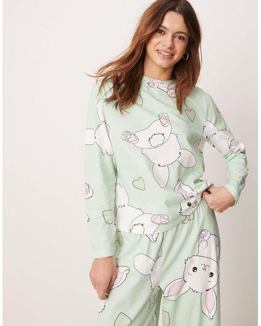 ASOS Natural Bunny Long Sleeve Top & Trouser Pyjama Set