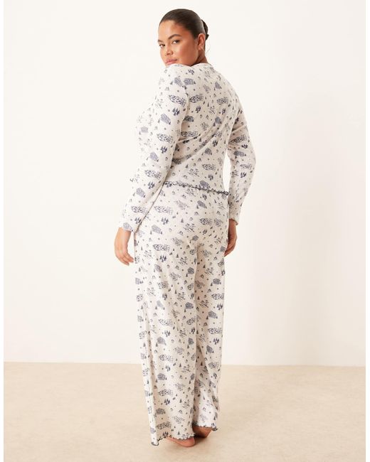 ASOS Natural Asos design curve – pyjama-set mit langärmligem shirt und hose aus pointelle mit landschafts-print