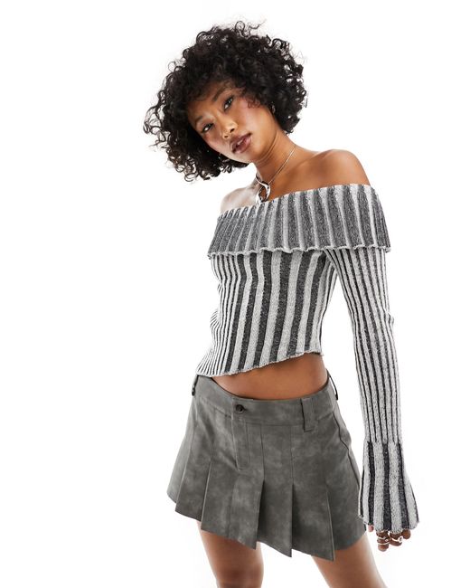 Reclaimed (vintage) Gray Plated Rib Knit Off Shoulder Top With Asymmetrical Hem