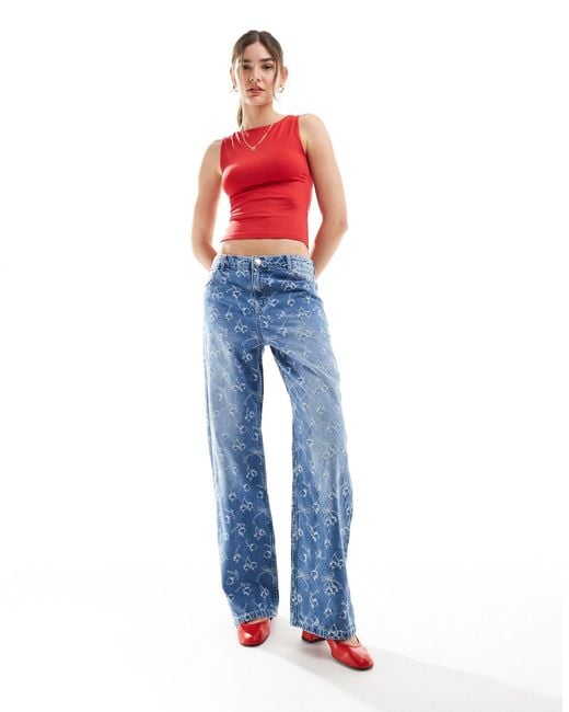 Bershka Blue Cherry Bow Embroidered Wide Leg Jeans