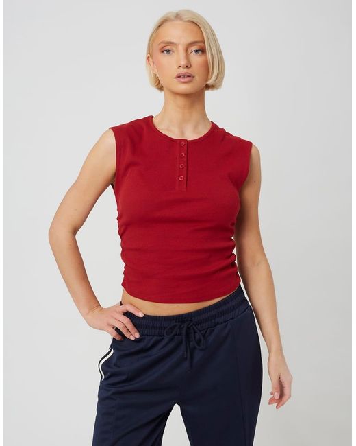Brave Soul Red Sleeveless Button Neck Top With Ruched Detail