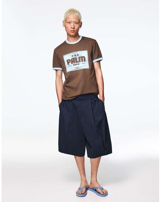 Bershka White Short Sleeve Print T-Shirt for men