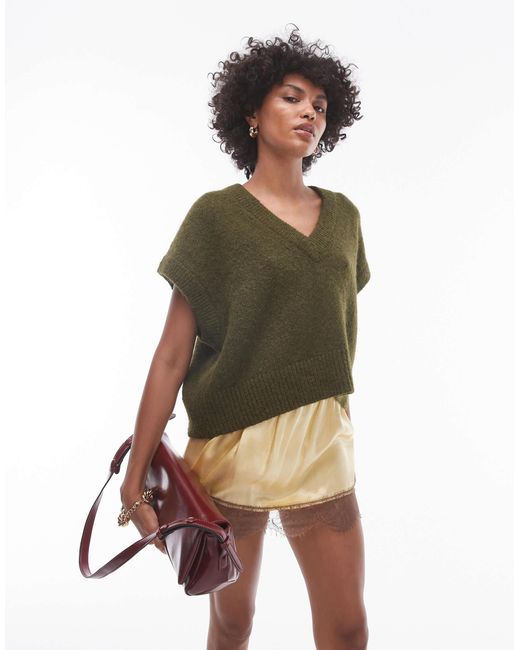 TOPSHOP Green Knitted V-neck Seam Front Off Shoulder Relaxed Vest