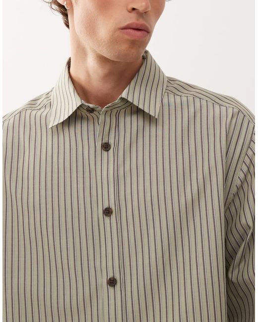 Collusion Natural Boxy Long Sleeve Stripe Shirt for men