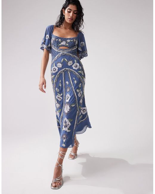 ASOS Embellished Floral Flutter Sleeve Midi Dress With Open Back in Blue |  Lyst Canada