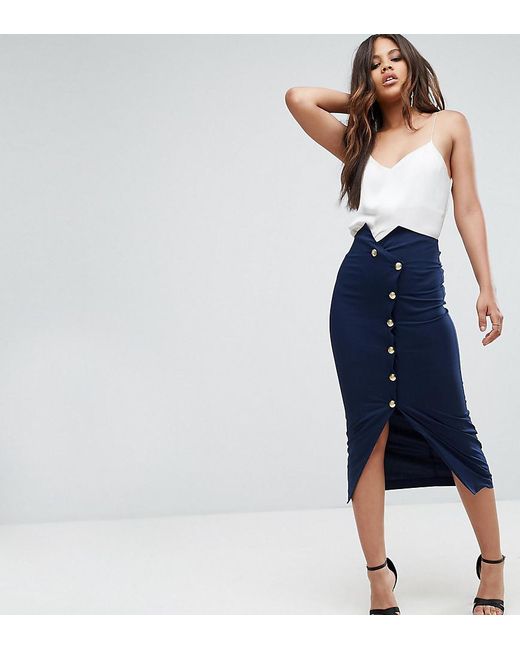 ASOS Blue Tailored High Waist Pencil Skirt With Military Button Detail