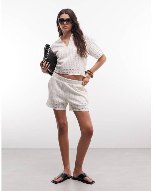 AllSaints White Elma Co-ord Short Sleeve Crochet Polo Top With Back Logo