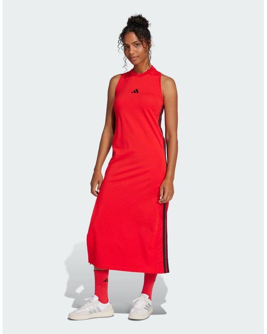 Adidas Originals Red Essentials 3-Stripes Long Racerback Dress
