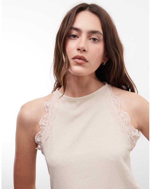 River Island Natural Lace Trim Halterneck Textured Top