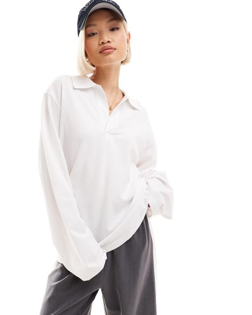 Weekday White Toby Oversized Long Sleeve Polo Top