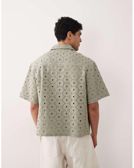ASOS Gray Oversized Revere Broidery Shirt With Linen for men