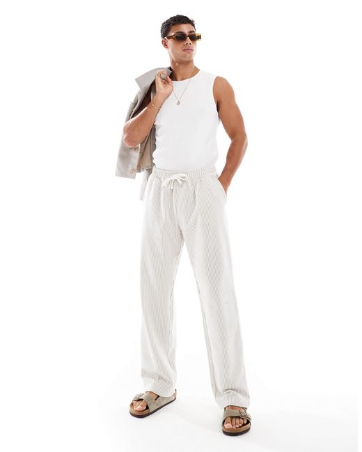 Jack & Jones White Loose Fit Jersey Seersucker Stripe Trouser for men