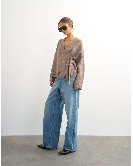TOPSHOP Blue Knit Wrap Boxy Cardigan With Wool