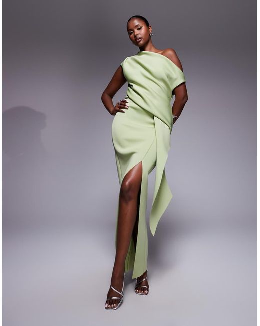 ASOS Green Fallen Shoulder Manipulated Fold Midi Dress