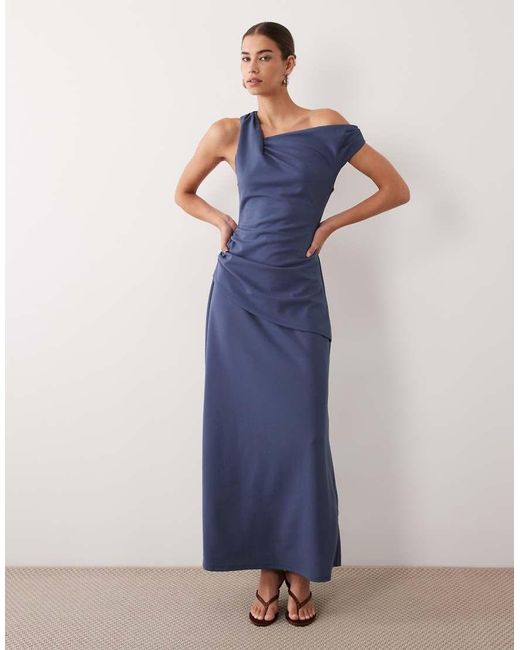 ASOS Blue Crepe Fallen Shoulder Maxi Dress With Ruched Skirt Detail