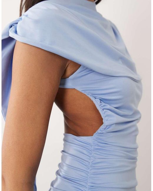 Aria Cove Blue Double Sculpted Slinky Cape Drape Detail Open Back Mini Dress