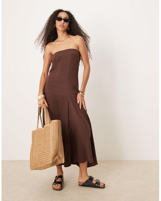 ASOS Brown – trapezförmiges maxikleid aus leinenmix