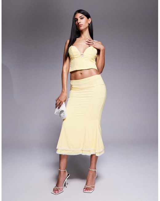 Oh Polly Yellow Pippa Lace Trim Plunge Crop Top Co-Ord