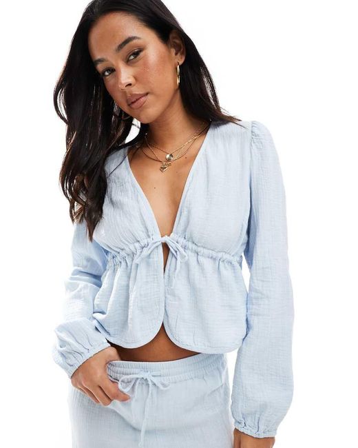 Blusa Corta Con Lazada Delantera De Algodón Efecto Rugoso De (Parte De Un Conjunto) Pieces de color Blue