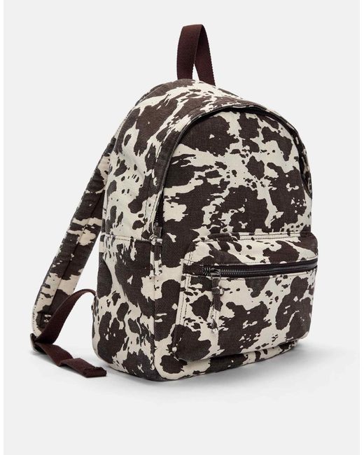 Pull&Bear Black – canvas-rucksack mit braunem kuhflecken-muster