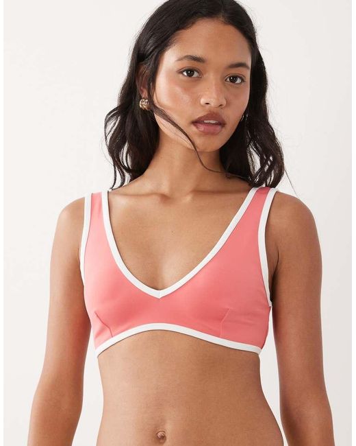 GOOD AMERICAN Red Contrast Detail Deep V Bikini Top Co-Ord