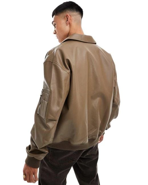 ASOS Brown Oversized Faux Leather Bomber Jacket for men