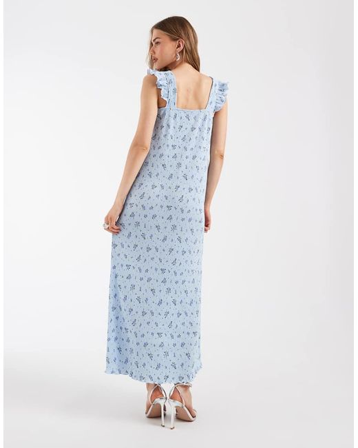 Pieces Blue Plisse Maxi Dress With Frill Sleeves