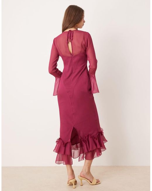 Vestito Lungo Color Ciliegia Con Volant Sul Fondo E Sulle Maniche di ASOS in Red