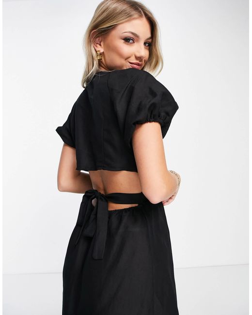 New Look Black Linen Blend Puff Sleeve Midi Dress With Cut Out Detail