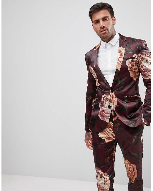 Veste de costume super slim en satin imprimé fleuri - Bordeaux ASOS pour  homme en coloris Rouge | Lyst