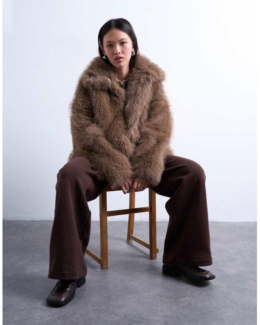 TOPSHOP Brown Faux Fur Funnel Neck Mid Length Coat