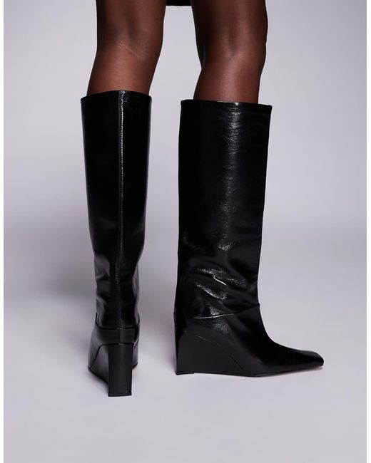 ASOS Black Clarissa Premium Leather Wedge Pull On Boots With Chisel Toes