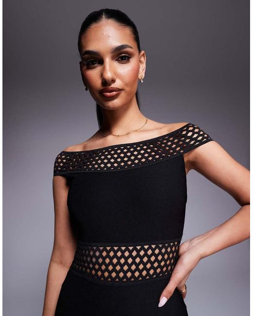 Goddiva Blue Off The Shoulder Ribbed Bodycon Maxi Dress