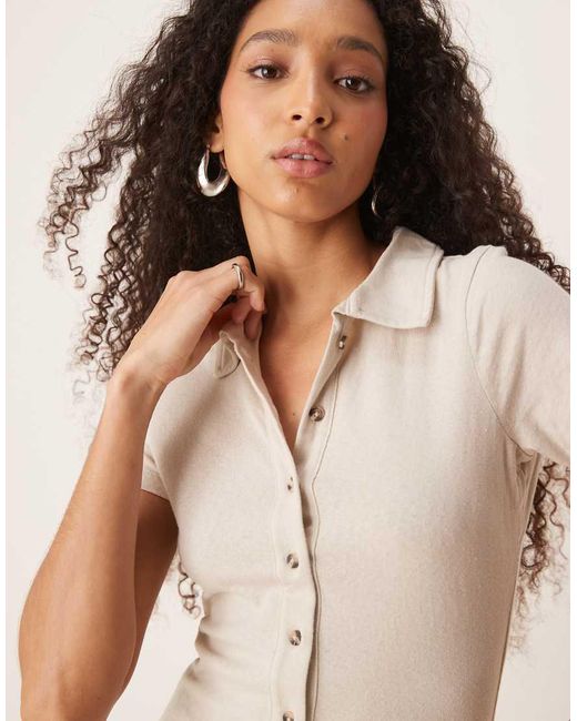 ASOS Natural Collared Mini Column Tea Dress With Button Front And Cap Sleeve