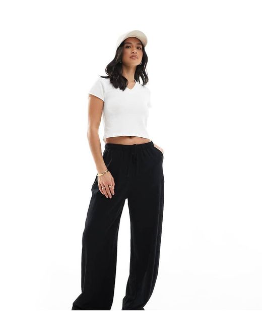 Stradivarius Black Petite Linen Look Pull On Trouser