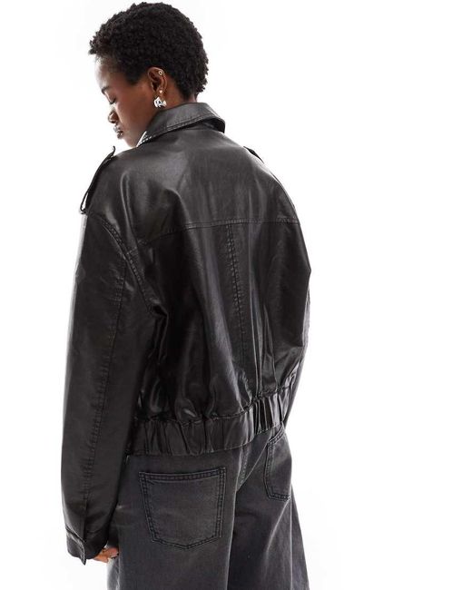 Lioness Black Boxy Leather Look Bomber Jacket